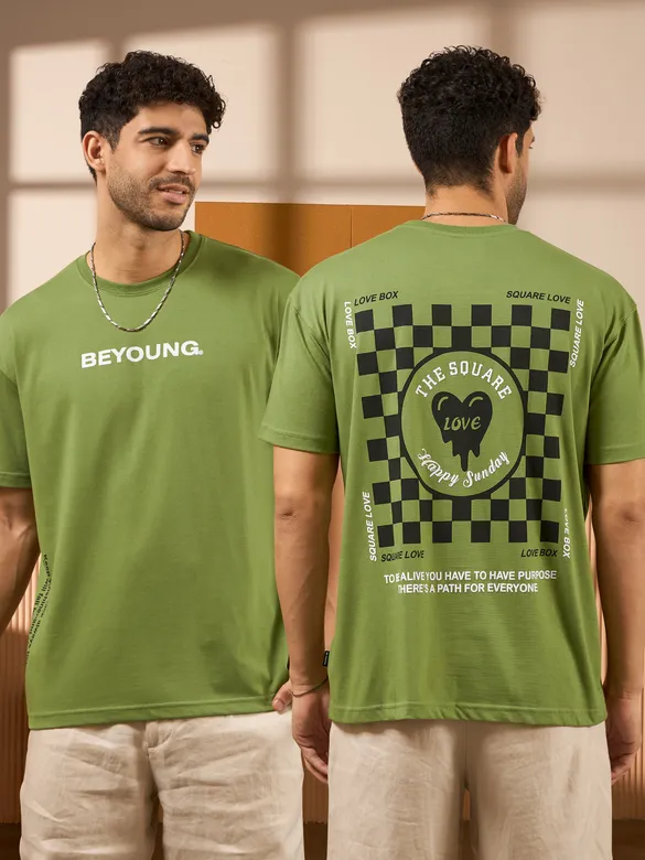 Beyoung Printed Green Oversized T-shirts for Men
