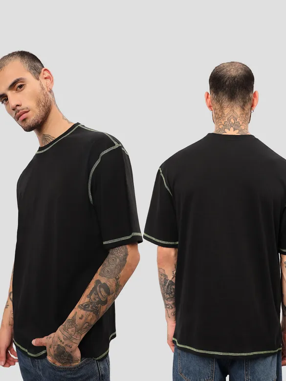 Black Contrast Stitch Oversized T-shirt for Men