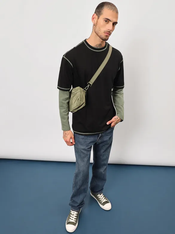 Black Contrast Stitch Oversized T-shirt for Men
