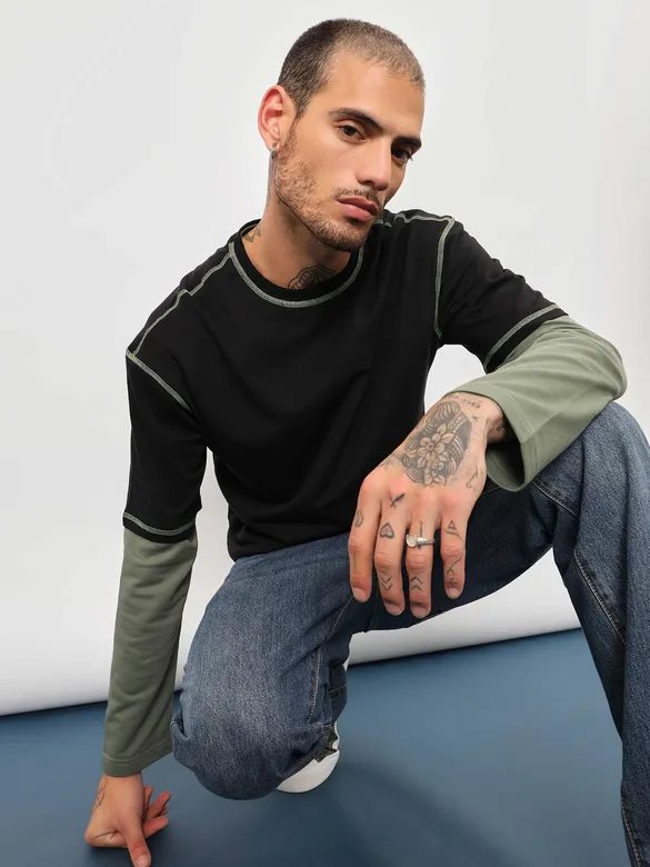 Black Contrast Stitch Oversized T-shirt for Men