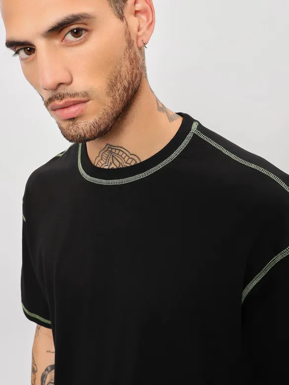 Black Contrast Stitch Oversized T-shirt for Men