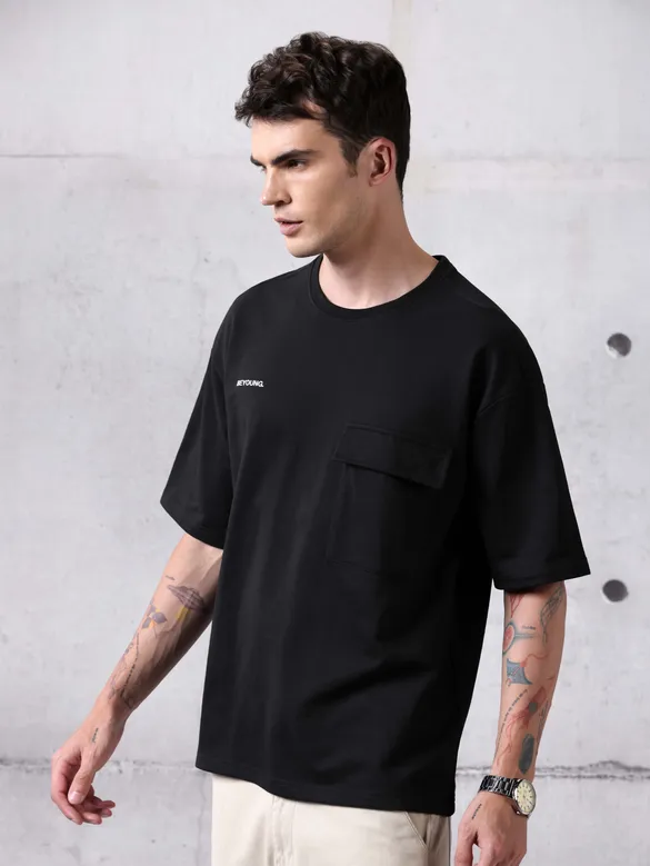 Black Flap Pocket Oversized T-shirt for Men