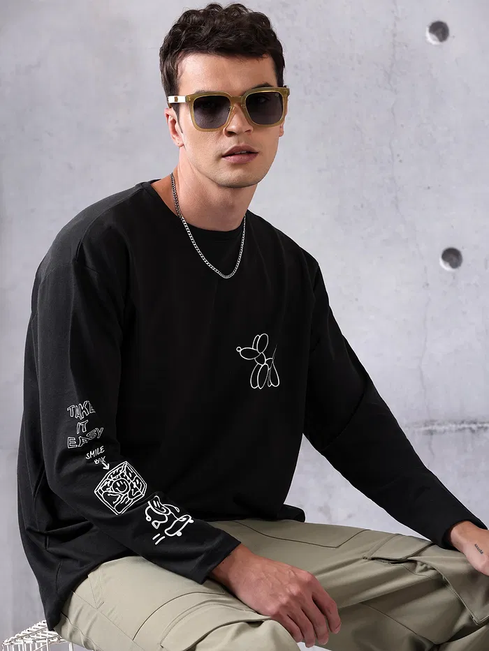 Black Printed Full Sleeve Oversized T-shirt for Men