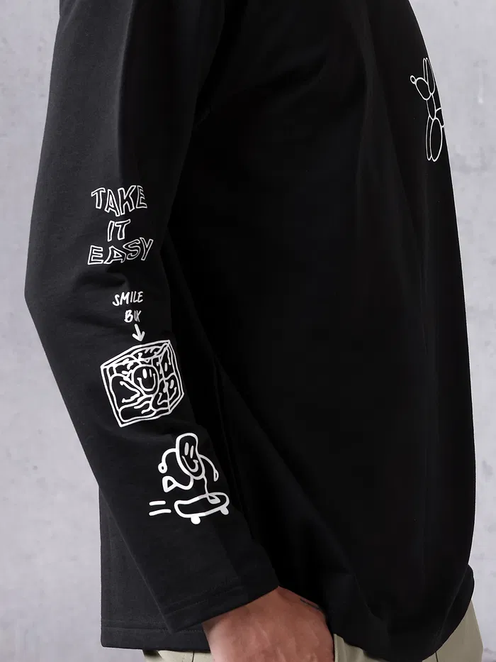 Black Printed Full Sleeve Oversized T-shirt for Men
