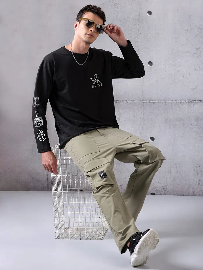 Black Printed Full Sleeve Oversized T-shirt for Men