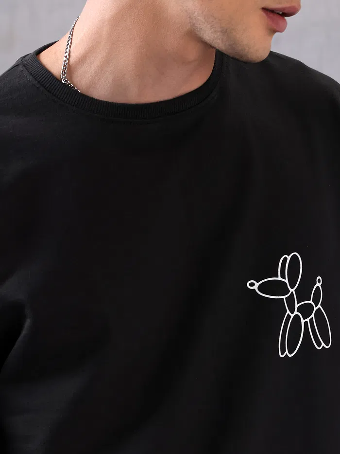 Black Printed Full Sleeve Oversized T-shirt for Men