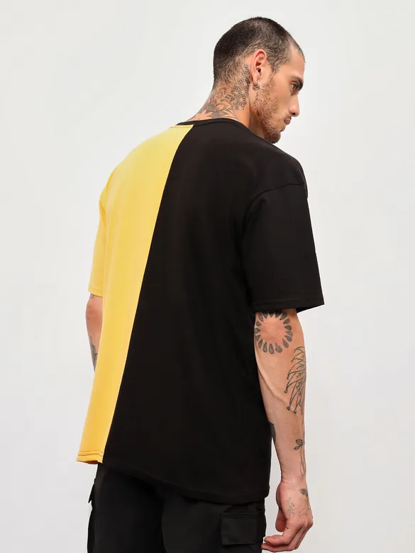 Black-Yellow Color Block Oversized T-shirt for Men
