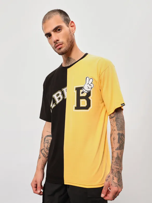 Black-Yellow Color Block Oversized T-shirt for Men