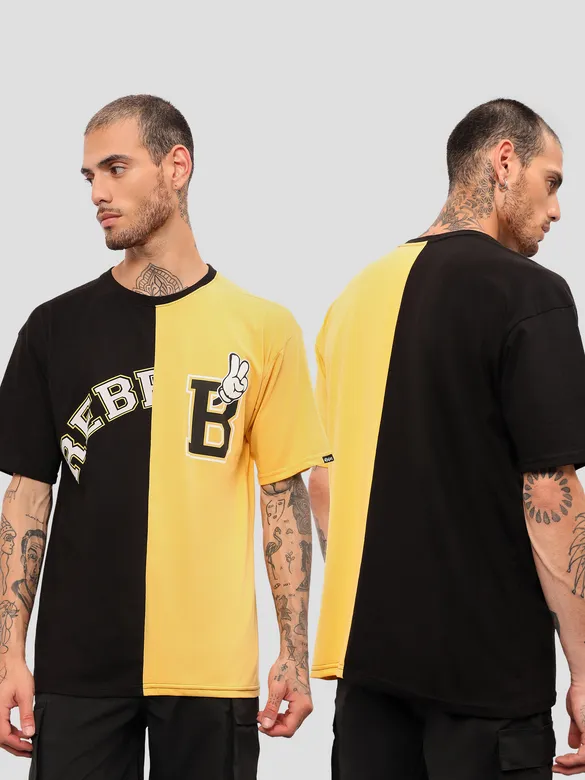 Black-Yellow Color Block Oversized T-shirt for Men