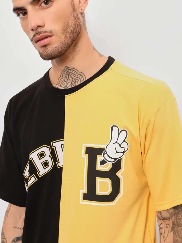 Black-Yellow Color Block Oversized T-shirt for Men