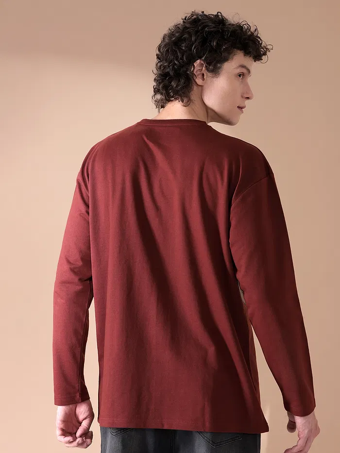 Brown Printed Full Sleeve Oversized T-shirt for Men