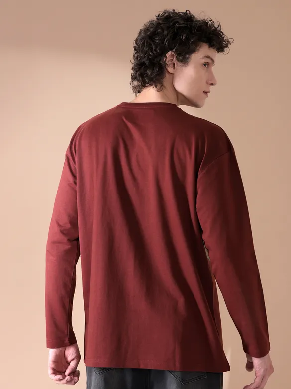 Brown Printed Full Sleeve Oversized T-shirt for Men