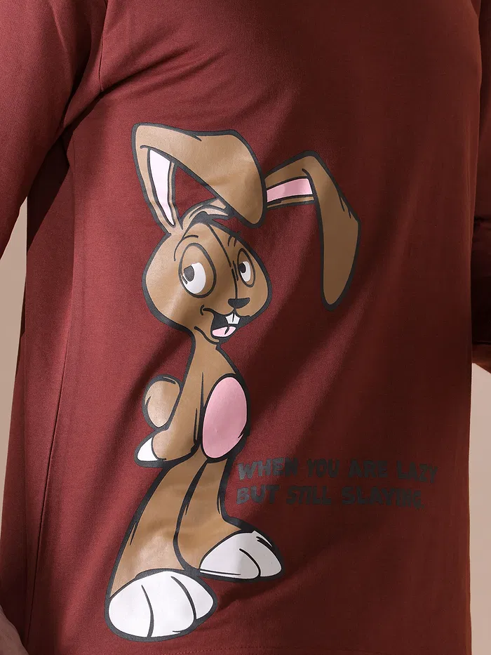 Brown Printed Full Sleeve Oversized T-shirt for Men