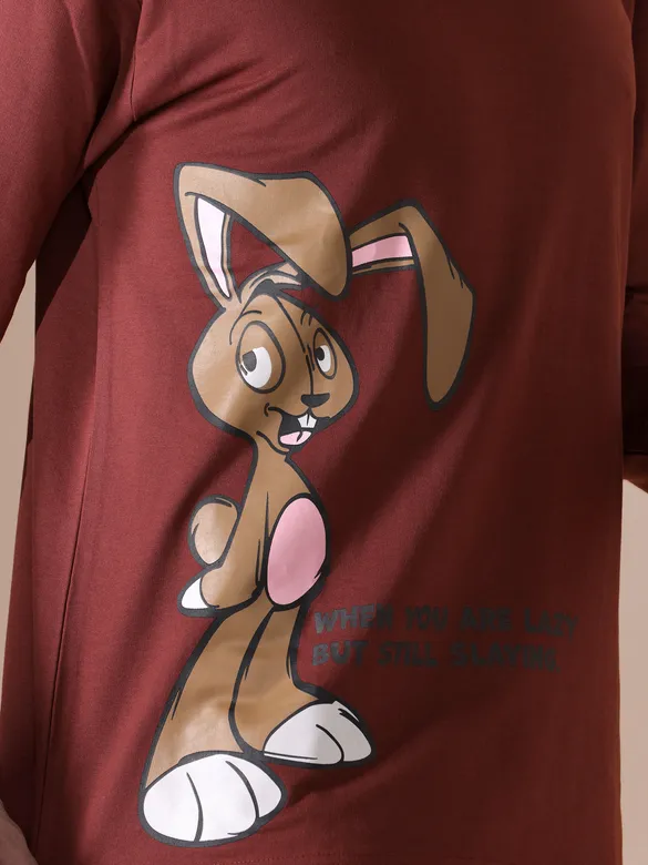 Brown Printed Full Sleeve Oversized T-shirt for Men