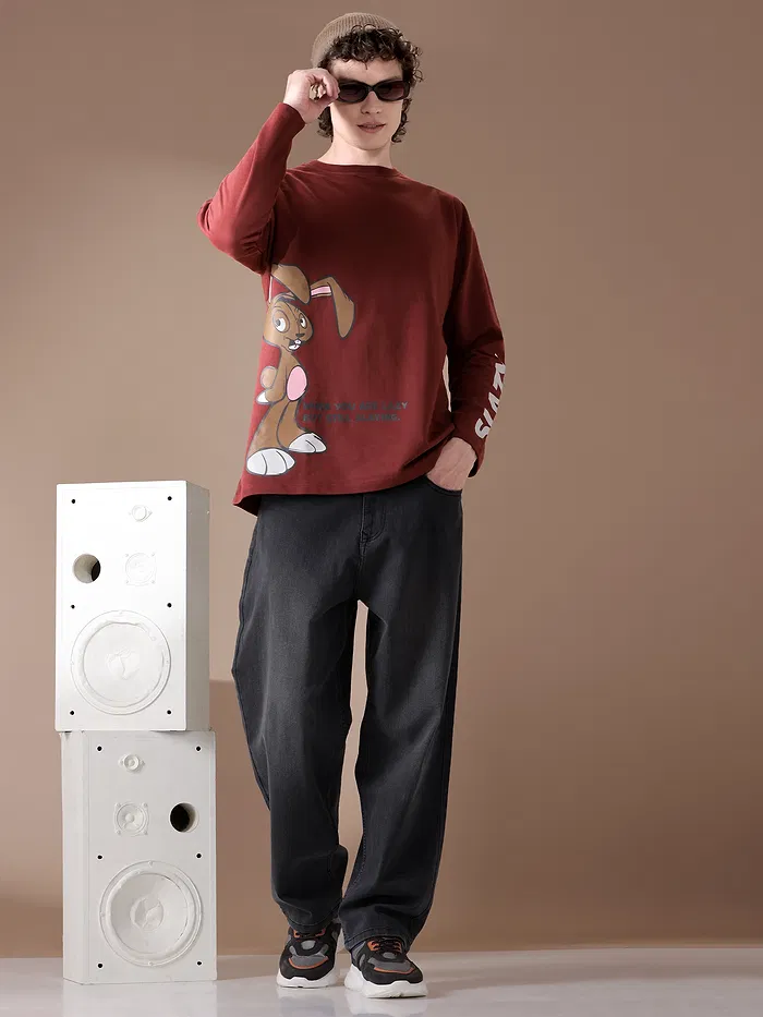 Brown Printed Full Sleeve Oversized T-shirt for Men