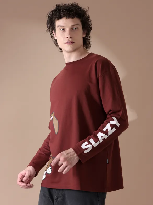 Brown Printed Full Sleeve Oversized T-shirt for Men