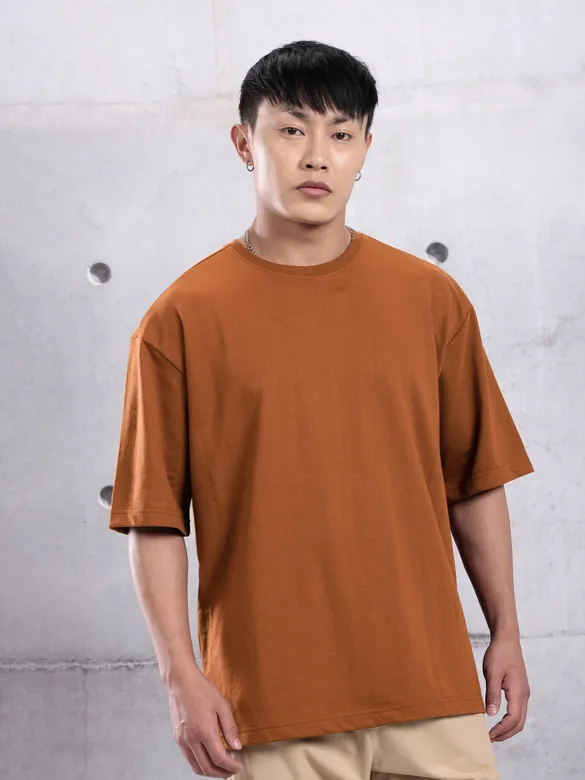 Camel Brown Plain Oversized T-Shirt