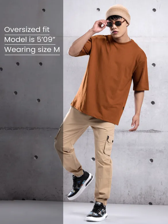 Camel Brown Plain Oversized T-Shirt