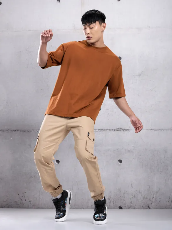 Camel Brown Plain Oversized T-Shirt