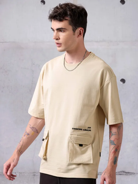 Cream Utility Oversized T-shirt for Men