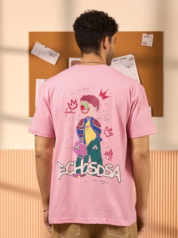 Echosdsa Printed Pink Oversized T-shirt for Men