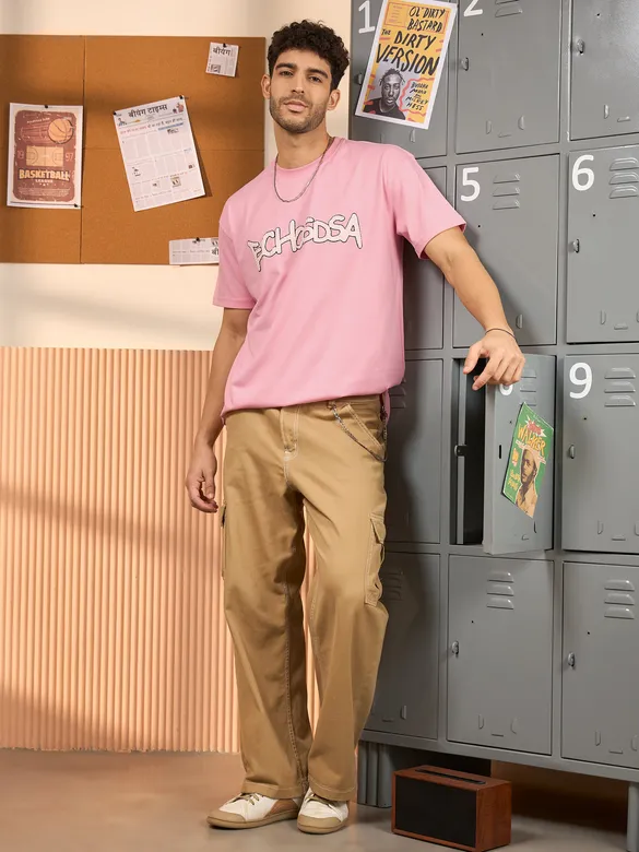 Echosdsa Printed Pink Oversized T-shirt for Men