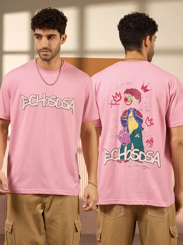 Echosdsa Printed Pink Oversized T-shirt for Men