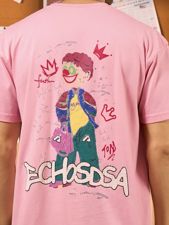 Echosdsa Printed Pink Oversized T-shirt for Men