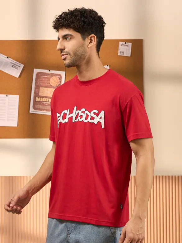 Echosdsa Printed Red Oversized T-shirt for Men