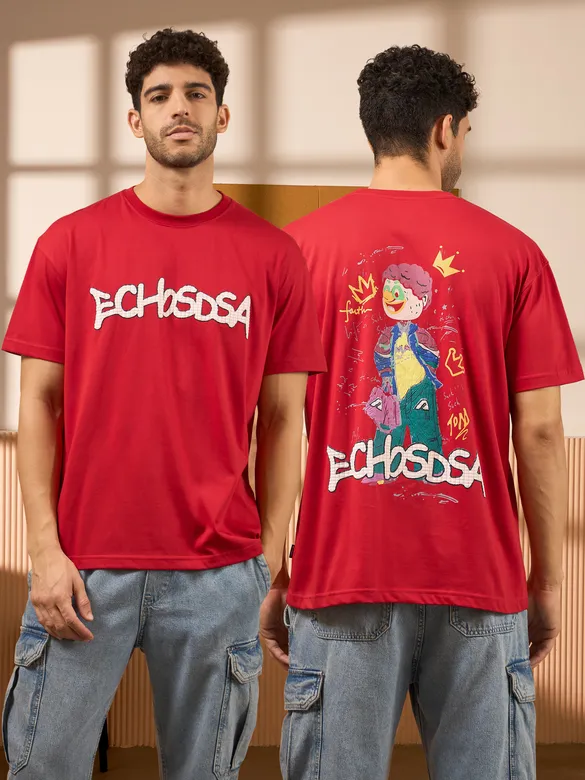 Echosdsa Printed Red Oversized T-shirt for Men