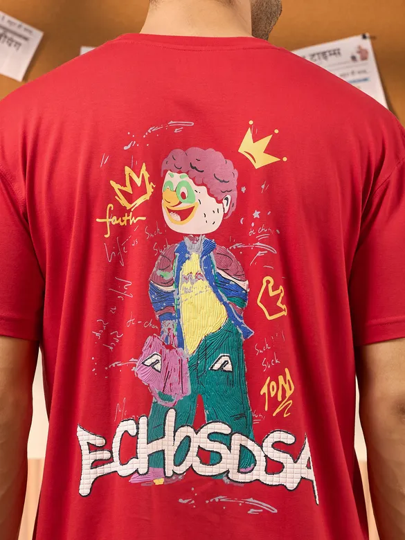 Echosdsa Printed Red Oversized T-shirt for Men