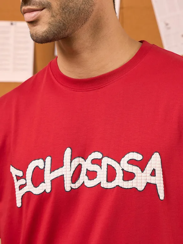 Echosdsa Printed Red Oversized T-shirt for Men