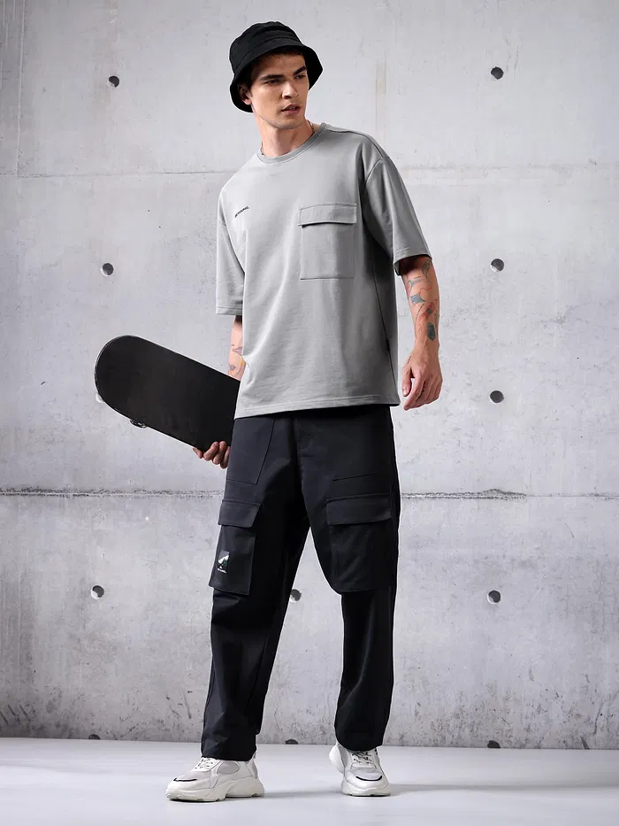 Grey Flap Pocket Oversized T-shirt for Men