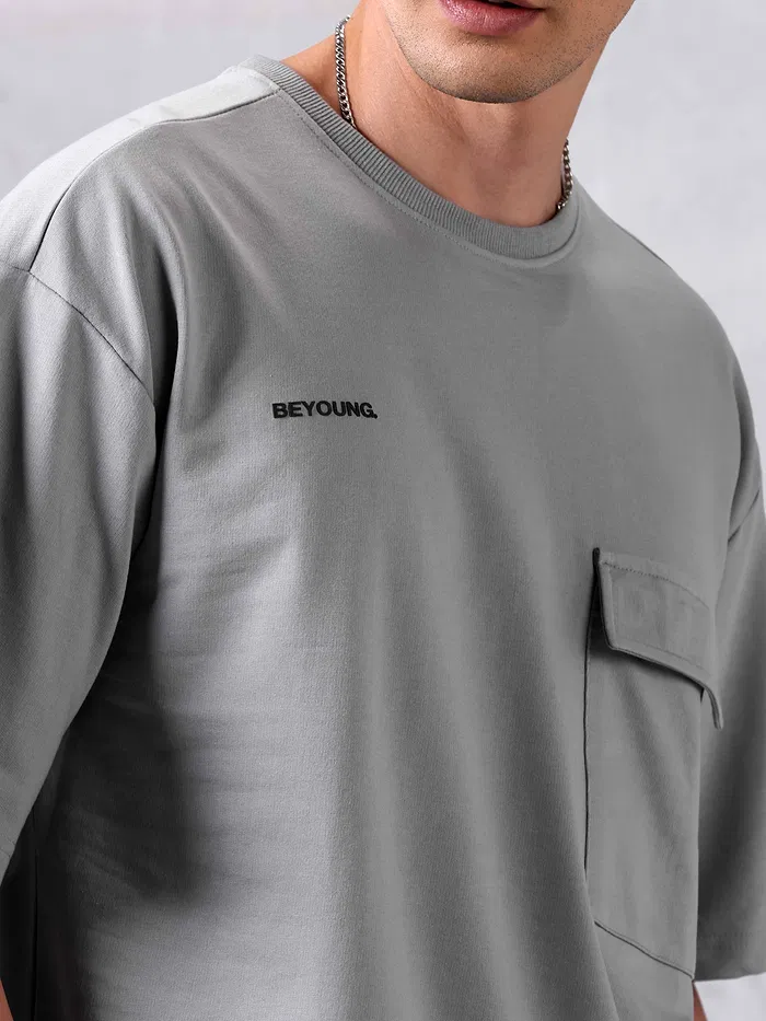 Grey Flap Pocket Oversized T-shirt for Men