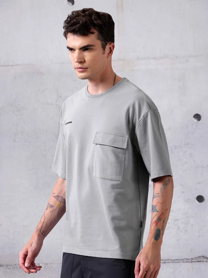 Grey Flap Pocket Oversized T-shirt for Men