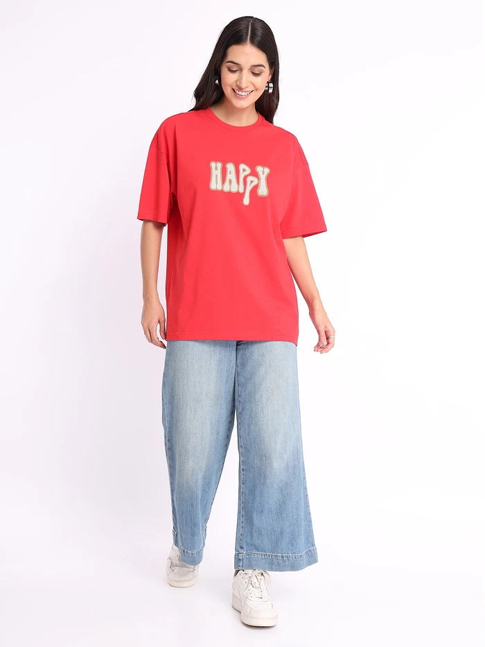 Happy Printed Oversized T-shirt for Women