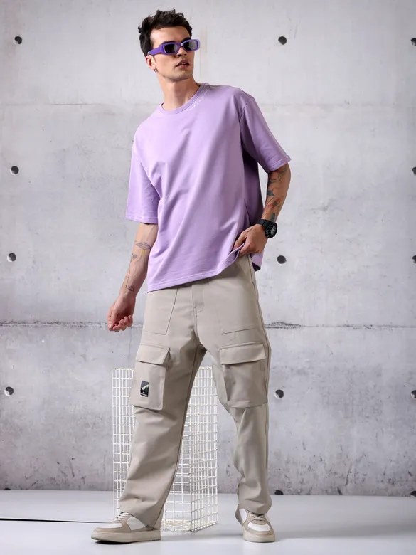 Lilac Neck Embroidery Oversized T-shirt for Men