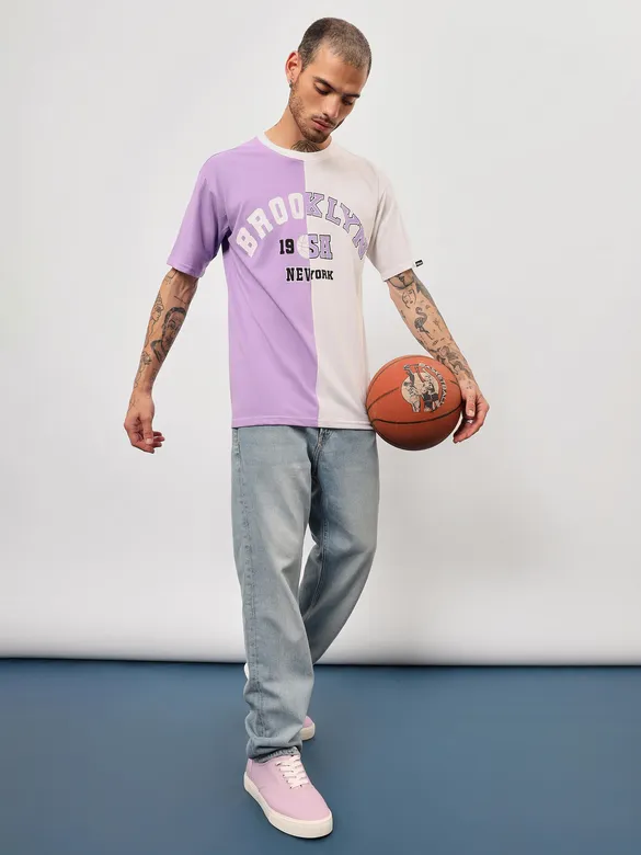 Lilac-White Color Block Oversized T-shirt for Men