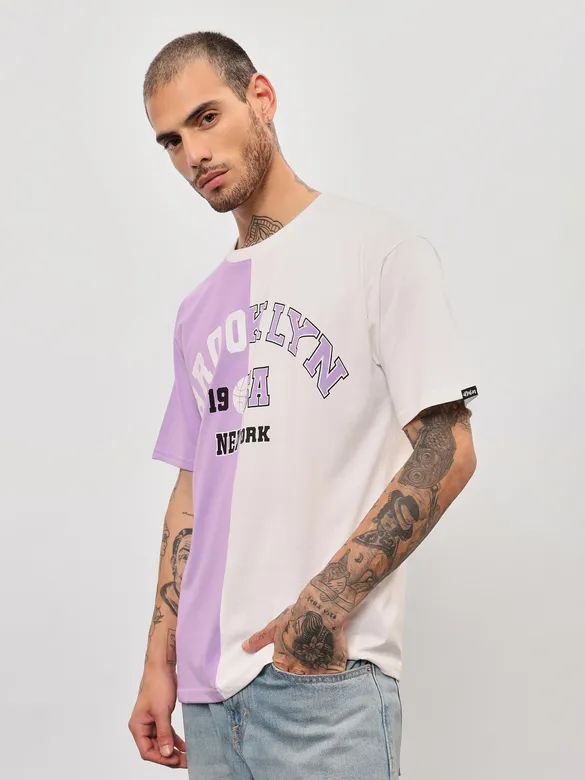Lilac-White Color Block Oversized T-shirt for Men