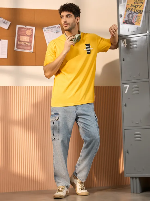 Motivational Yellow Printed Oversized T-shirt for men