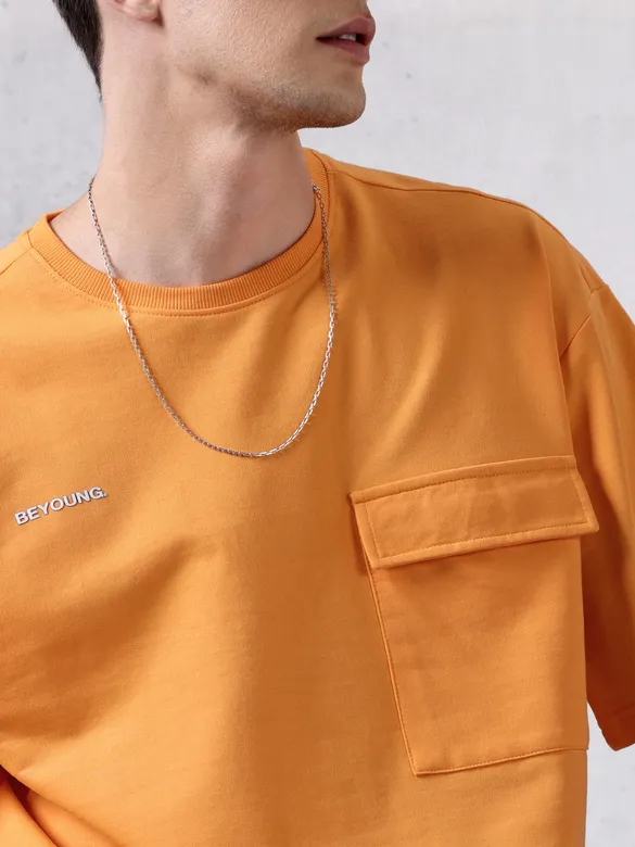 Orange Flap Pocket Oversized T-shirt for Men