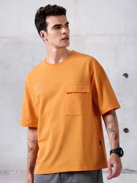 Orange Flap Pocket Oversized T-shirt for Men