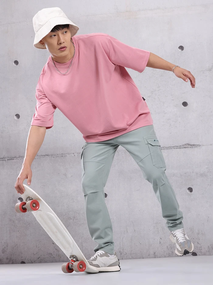Pink Plain Oversized T-shirt for Men