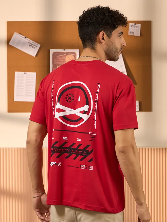Proximity Alert Printed Red Oversized T-shirt for Men