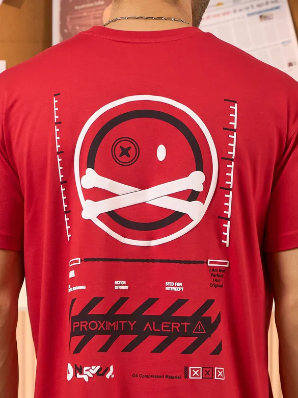 Proximity Alert Printed Red Oversized T-shirt for Men