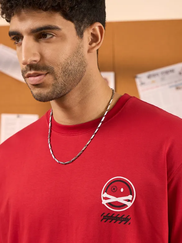 Proximity Alert Printed Red Oversized T-shirt for Men
