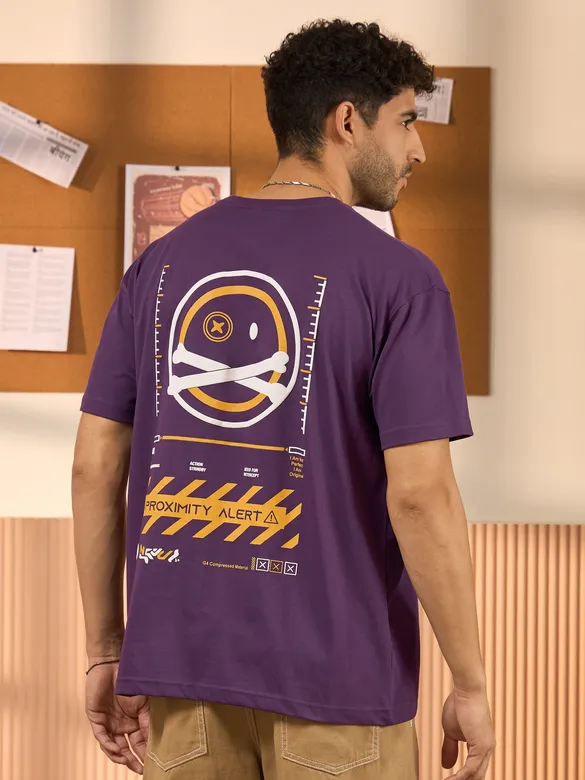 Proximity Alert Printed Violet Oversized T-shirt for Men