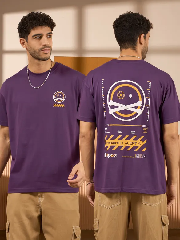 Proximity Alert Printed Violet Oversized T-shirt for Men