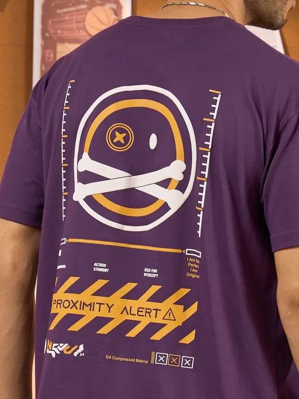 Proximity Alert Printed Violet Oversized T-shirt for Men