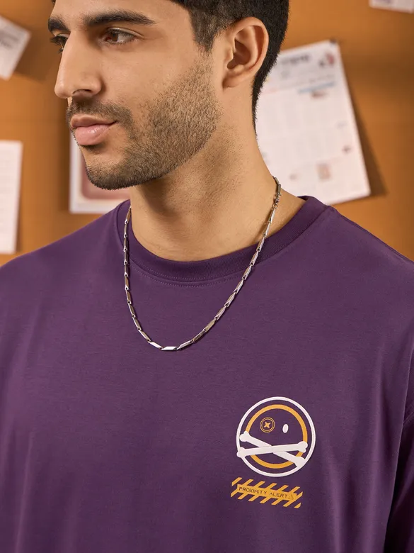 Proximity Alert Printed Violet Oversized T-shirt for Men